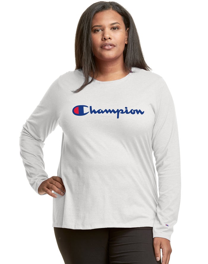 Champion Plus Classic Long-Sleeve Script Logo Kadın Tişört Beyaz ( HQMLCV852 )